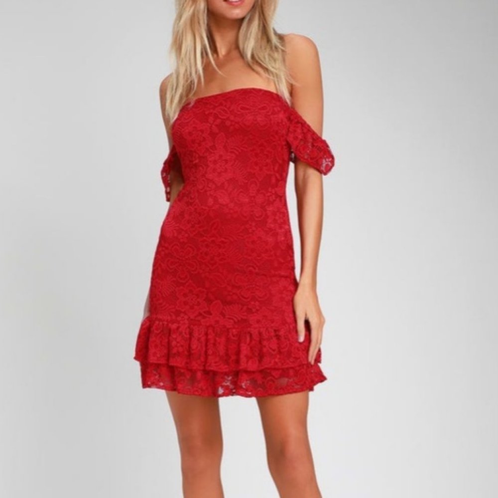 Lulu's Off-Shoulder Floral Red Lace Dress NWT